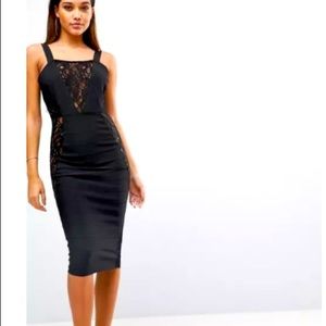 Black lace midi dress with lace sides.